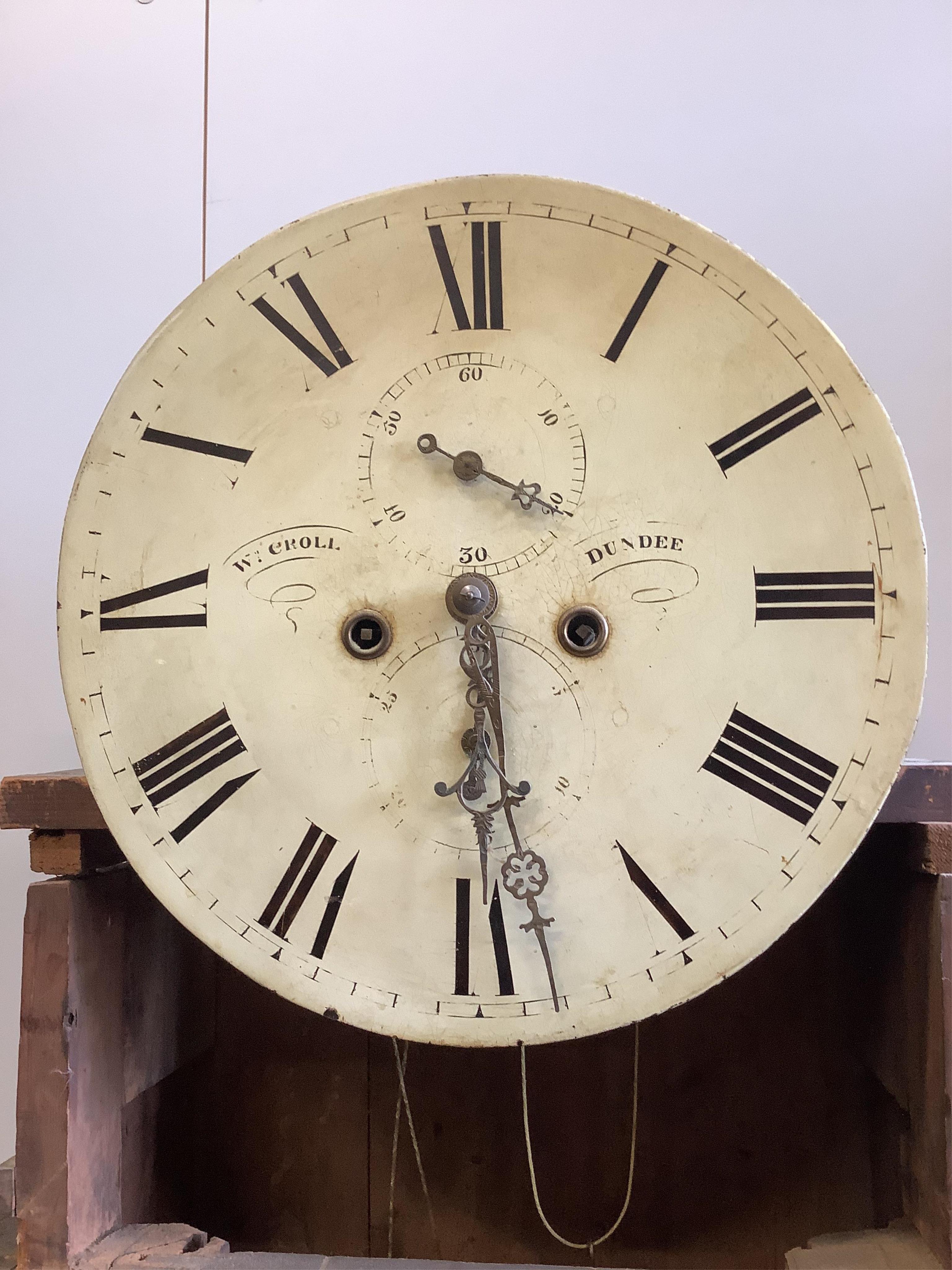 An early 19th century Scottish mahogany eight day longcase clock, marked Croll, Dundee, height 194cm. Condition - fair